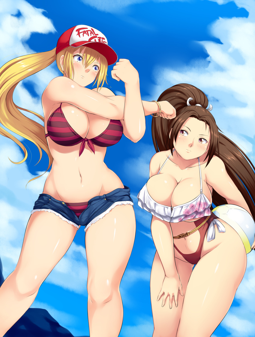 2girls absurdres ball bare_shoulders beachball bikini blonde_hair blue_eyes blue_sky blush bracelet breasts brown_eyes brown_hair cleavage clenched_hands closed_mouth clouds collarbone commentary_request crossed_arms denim denim_shorts eyebrows_visible_through_hair fatal_fury frilled_bikini frills genderswap genderswap_(mtf) hair_between_eyes hand_on_own_thigh hat high_ponytail highres holding_beachball jewelry large_breasts leaning_forward legs long_hair midriff multiple_girls navel ponytail shiny shiny_skin shiranui_mai short_shorts shorts sky snk snk_heroines:_tag_team_frenzy stretched_limb striped_bikini_top swimsuit terry_bogard the_king_of_fighters thighs unbuttoned waist yomitrooper