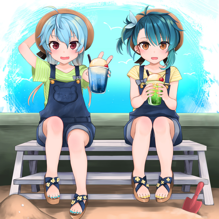 2girls absurdres ahoge alternate_costume bear bench blonde_hair blue_hair blue_ribbon blush bow brown_eyes cherry commentary_request denim denim_shorts drink fang fangs flat_chest flower food fruit fukae_(kantai_collection) gradient_hair hat highres holding ice_cream kantai_collection long_hair looking_at_viewer multicolored_hair multiple_girls nail_polish open_mouth overall_shorts overalls red_eyes ribbon sado_(kantai_collection) sand sandals shirt short_hair short_sleeves shorts shovel sitting smile t-shirt yunamaro