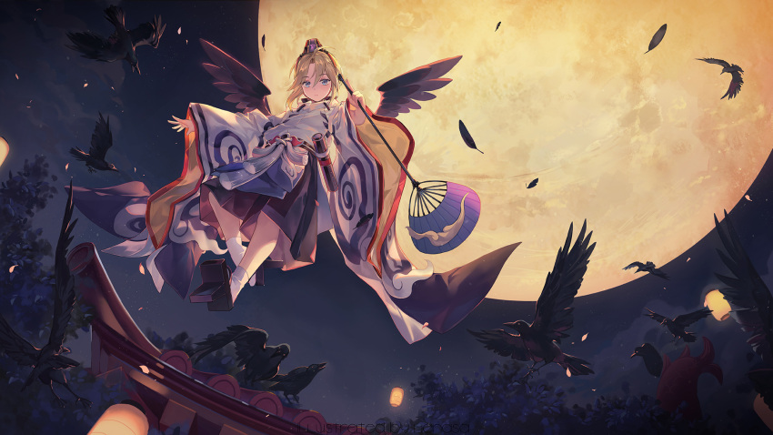 1girl ahoge bangs bird black_feathers black_footwear black_wings blonde_hair blue_eyes brown_belt chinese_commentary closed_mouth commentary_request criin crow expressionless eyebrows_visible_through_hair fan feathered_wings feathers floating_hair flying from_below full_moon geta hair_between_eyes hakama hat highres holding holding_fan japanese_clothes lantern long_sleeves looking_at_viewer moon night night_sky onmyoji onmyouji paper_fan paper_lantern parted_bangs purple_hat shiny shiny_hair short_hair sky spread_wings tabi tassel tengu tengu-geta torii tree uchiwa white_legwear wide_sleeves wind wings