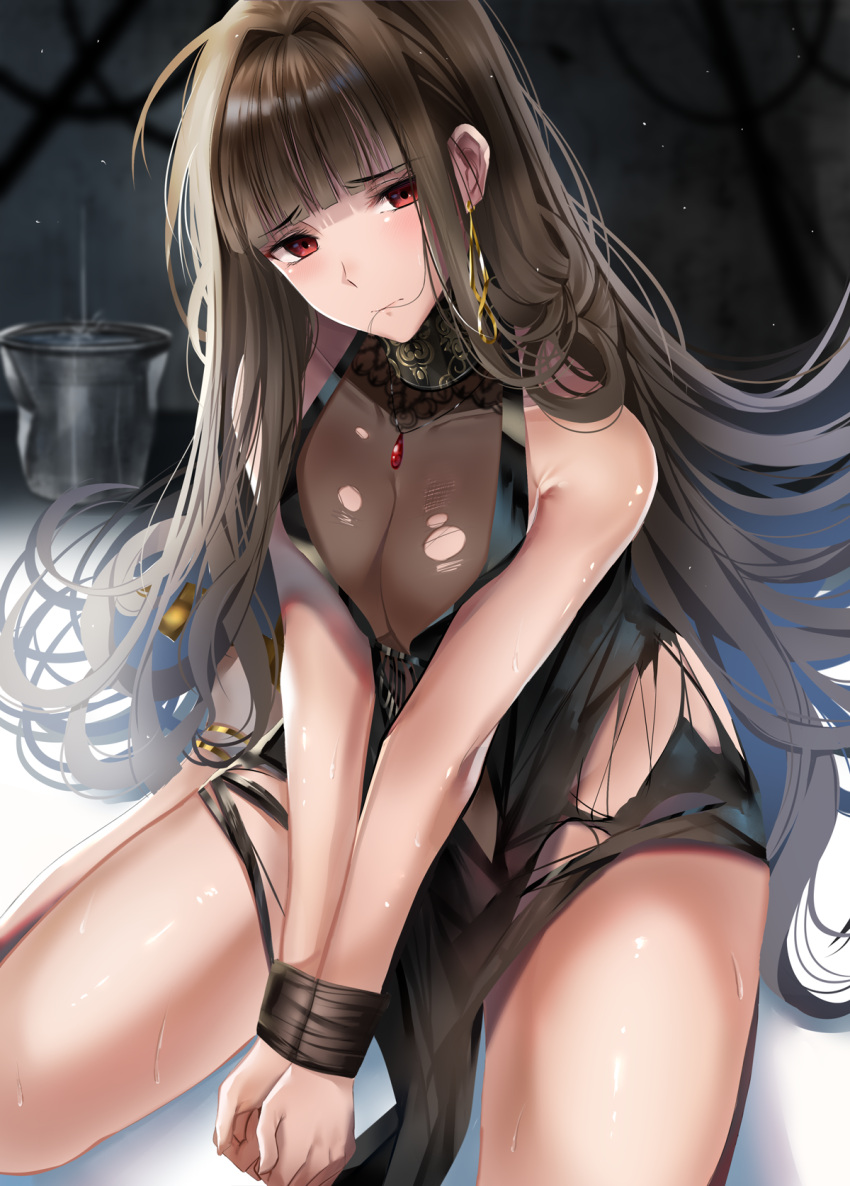 1girl ahoge alternate_costume bangs bare_shoulders black_dress blunt_bangs blush bound bound_wrists breasts brown_hair bucket cleavage closed_mouth dress dsr-50_(girls_frontline) earrings eyebrows_visible_through_hair floating_hair frown girls_frontline groin hair_in_mouth hair_ornament head_tilt highres jewelry large_breasts light_particles long_hair looking_at_viewer nikek96 no_panties red_eyes ruby_(stone) sidelocks sitting solo thighs torn_clothes torn_dress very_long_hair water_drop wet