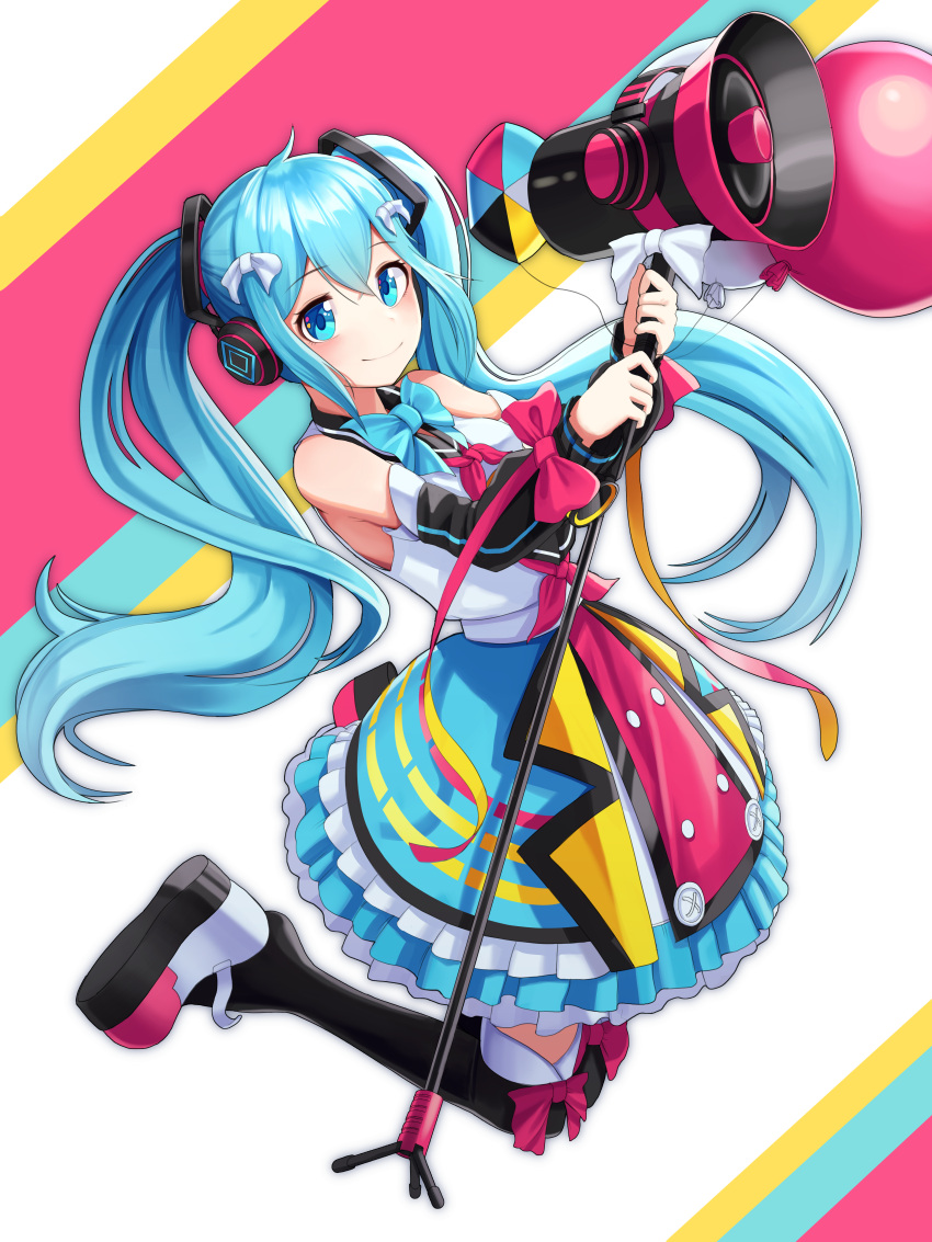 1girl absurdres black_legwear blue_eyes blue_hair blush bow breasts closed_mouth eyebrows_visible_through_hair full_body hatsune_miku highres holding_megaphone huge_filesize kneehighs long_hair medium_breasts megaphone pink_bow smile solo twintails very_long_hair vocaloid wnehdrl