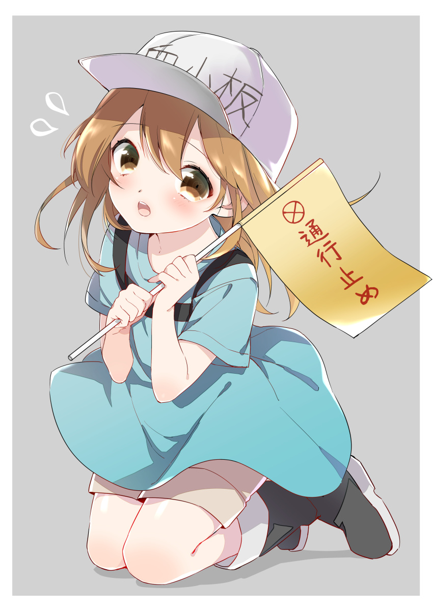 1girl absurdres bangs baseball_cap blush border brown_eyes brown_hair clothes_writing commentary_request eyebrows_visible_through_hair flying_sweatdrops full_body grey_background hands_up hat hataraku_saibou highres holding long_shirt looking_at_viewer nagato_(user_wnac3585) open_mouth platelet_(hataraku_saibou) short_sleeves simple_background sketch_eyebrows solo translated white_border white_hat