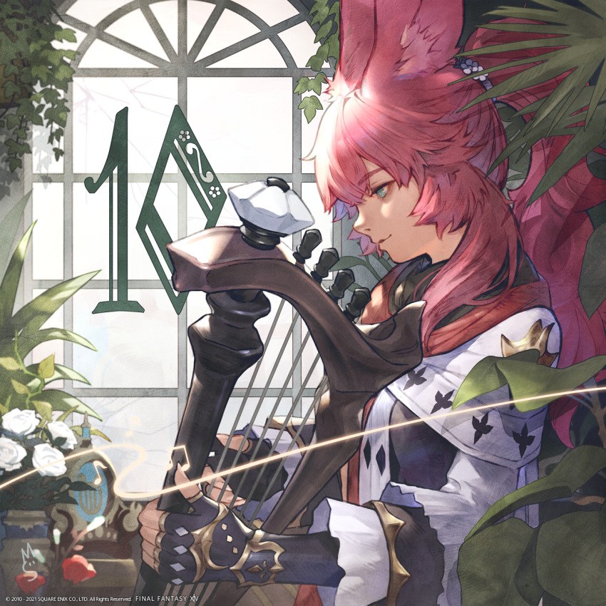 1girl animal_ears avatar_(ffxiv) bangs closed_mouth coat copyright day eyebrows_visible_through_hair final_fantasy final_fantasy_xiv fingerless_gloves from_side gloves green_eyes harp high_ponytail highres holding holding_instrument indoors instrument long_hair long_sleeves looking_at_object music musical_note official_art plant playing_instrument profile rabbit_ears red_eyes smile solo upper_body viera window