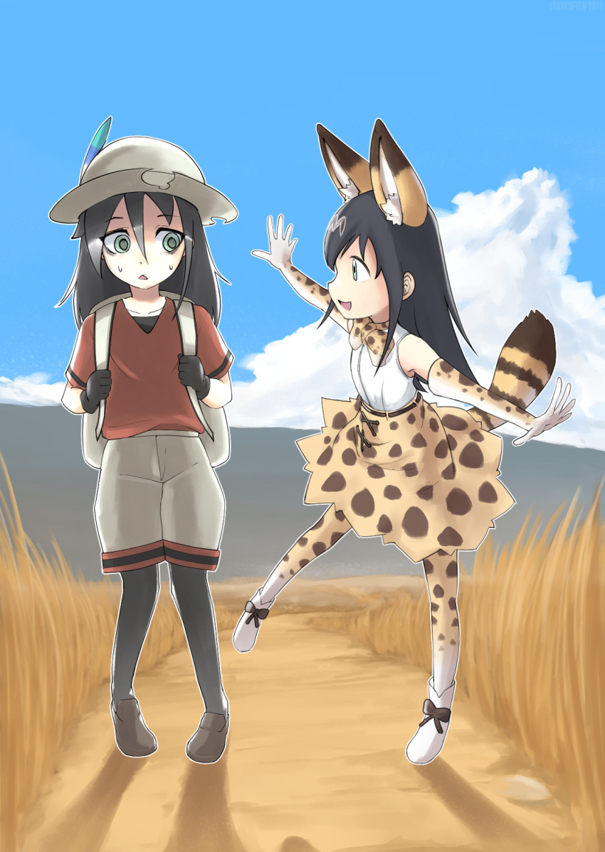 2girls :d animal_ears backpack bag black_gloves black_hair black_legwear blue_sky boots bow bowtie clouds commentary cosplay day elbow_gloves english_commentary frankseven gloves green_eyes hat hat_feather highres kaban_(kemono_friends) kaban_(kemono_friends)_(cosplay) kemono_friends kiko_(watashi_ga_motenai_no_wa_dou_kangaetemo_omaera_ga_warui!) kuroki_tomoko long_hair looking_at_another multiple_girls open_mouth outdoors outstretched_arms pantyhose pantyhose_under_shorts print_gloves print_legwear print_neckwear print_skirt red_shirt savannah serval_(kemono_friends) serval_(kemono_friends)_(cosplay) serval_ears serval_print serval_tail shirt shoes short_sleeves shorts skirt sky sleeveless sleeveless_shirt smile spread_arms sweatdrop tail triangle_mouth watashi_ga_motenai_no_wa_dou_kangaetemo_omaera_ga_warui! white_hat white_shirt white_shorts