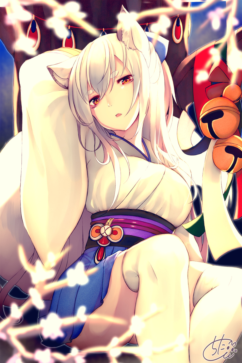 1girl animal_ears arm_up bangs bell blue_hakama blurry blurry_foreground breasts chita_(ketchup) commentary_request depth_of_field eyebrows_visible_through_hair fang flower fox_ears fox_girl fox_tail hair_between_eyes hakama hakama_skirt head_tilt highres japanese_clothes jingle_bell kimono large_breasts long_hair long_sleeves looking_at_viewer obi original parted_lips red_eyes sash short_eyebrows short_kimono signature silver_hair sitting solo tail tail_raised thick_eyebrows thigh-highs very_long_hair white_flower white_kimono white_legwear