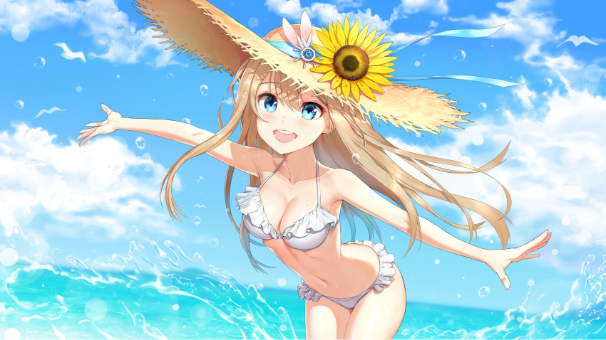 1girl :d bangs bare_arms bare_shoulders bikini blue_eyes blue_sky blush breasts cleavage clouds cloudy_sky collarbone commentary_request day eyebrows_visible_through_hair flower girls_frontline greem_bang hair_between_eyes hat hat_flower highres horizon leaning_forward light_brown_hair long_hair medium_breasts navel ocean open_mouth outdoors outstretched_arms round_teeth sky smile solo straw_hat sunflower suomi_kp31_(girls_frontline) swimsuit teeth upper_teeth very_long_hair water white_bikini yellow_flower