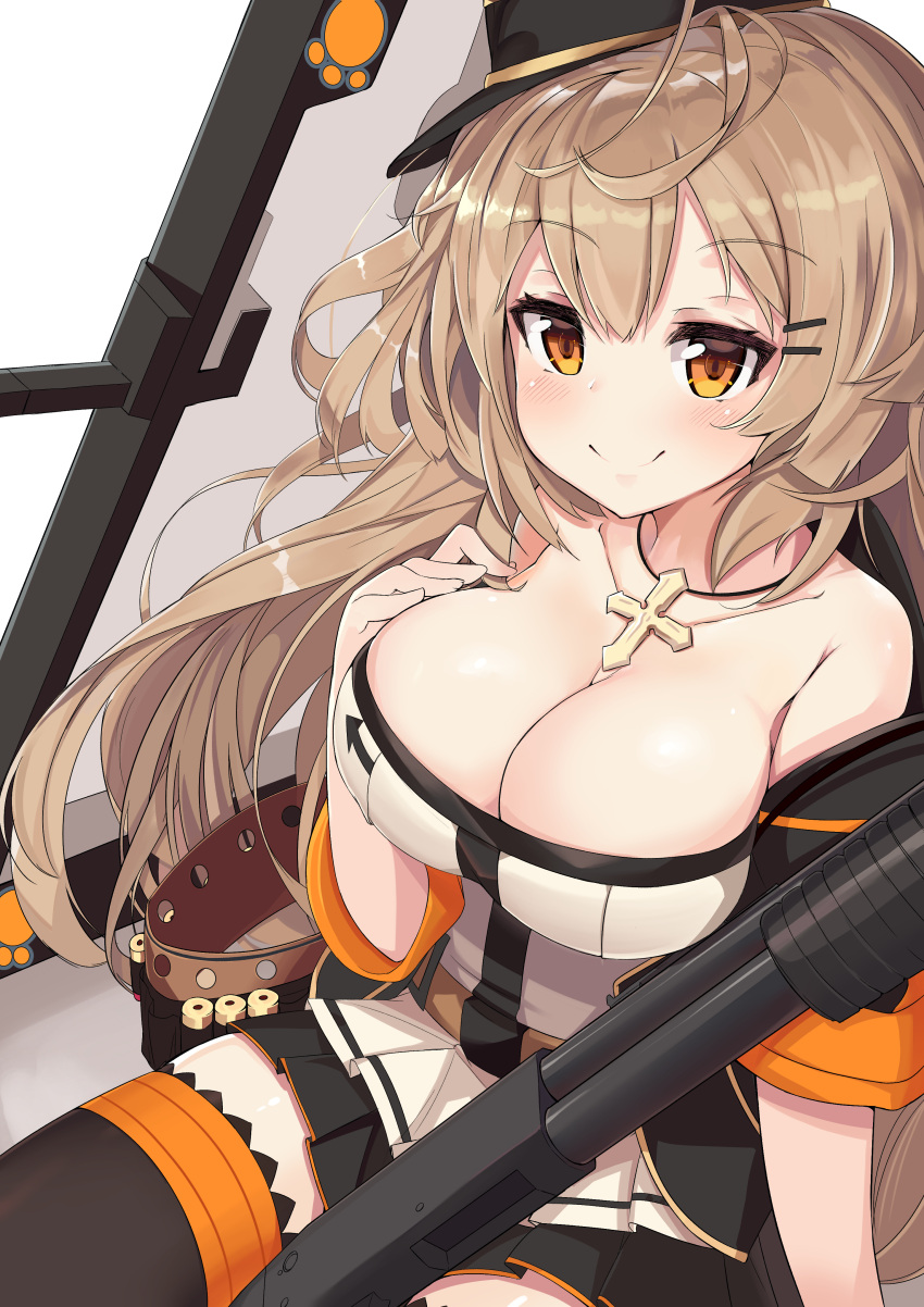 1girl absurdres bangs bare_shoulders black_legwear black_skirt blush breasts brown_background brown_eyes cleavage closed_mouth collarbone commentary cross cross_necklace eyebrows_visible_through_hair fingernails girls_frontline gun hair_between_eyes hand_up highres ithaca_m37 ithaca_m37_(girls_frontline) jacket jewelry large_breasts light_brown_hair long_hair necklace object_namesake ohshit pleated_skirt short_sleeves shotgun shotgun_shells skirt smile solo thigh-highs two-tone_background very_long_hair weapon white_background white_jacket wide_sleeves