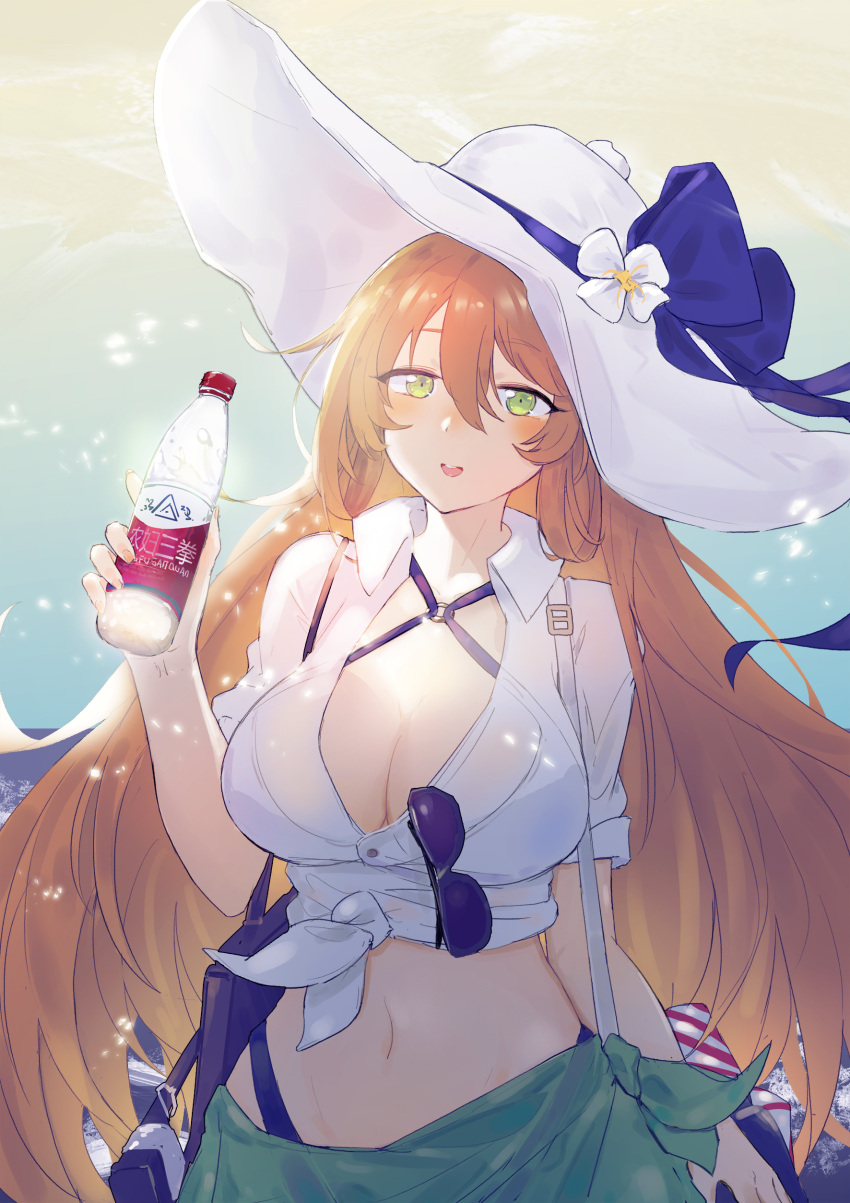 1girl absurdres alternate_costume bangs blush bottle breasts brown_hair cleavage collarbone cooler cowboy_shot day eyebrows_visible_through_hair eyewear_removed girls_frontline green_eyes groin hair_between_eyes hair_ribbon hair_rings hat highres holding holding_bottle large_breasts long_hair looking_at_viewer m1903_springfield_(girls_frontline) navel o-ring o-ring_top ocean open_mouth outdoors ponytail ribbon sarong shirt shiyashiki sidelocks sleeves_rolled_up smile solo stomach sun_hat sunglasses tied_shirt upper_teeth white_shirt