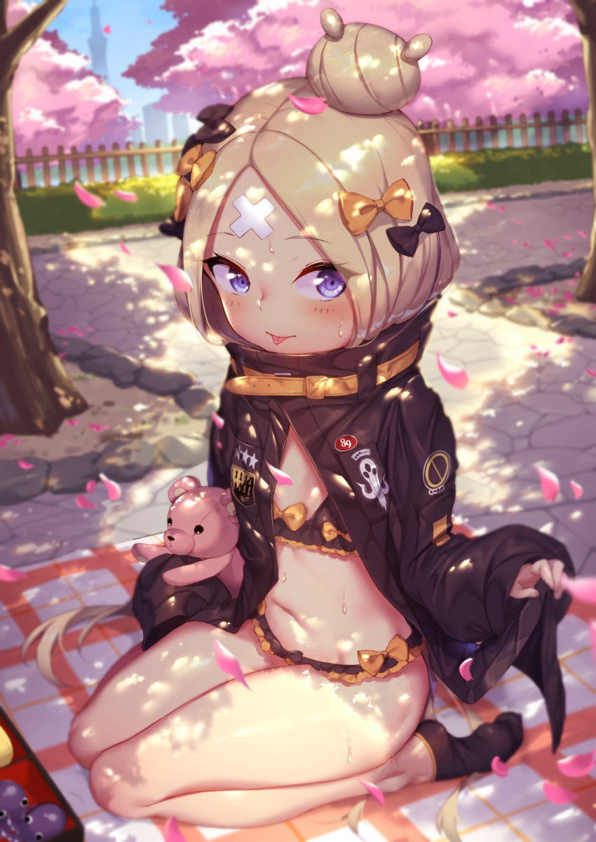 1girl abigail_williams_(fate/grand_order) alternate_hairstyle bandaid_on_forehead bangs belt bikini black_bikini black_bow black_jacket blonde_hair blue_eyes blush bow breasts commentary_request emerald_float fate/grand_order fate_(series) forehead frilled_bikini frills hair_bow hair_bun heroic_spirit_traveling_outfit high_collar highres hips holding holding_stuffed_animal jacket long_hair looking_at_viewer miniskirt navel obentou open_clothes open_jacket orange_bow parted_bangs petals polka_dot polka_dot_bow seiza shade shennai_misha sitting skirt sleeves_past_fingers sleeves_past_wrists small_breasts smile solo stuffed_animal stuffed_toy sunlight sweat swimsuit teddy_bear thighs tongue tongue_out tree waist