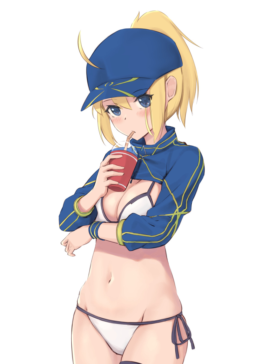 1girl ahoge artoria_pendragon_(all) bangs bendy_straw bikini blonde_hair blue_eyes blue_hat blue_jacket blush breasts cleavage closed_mouth commentary_request cup disposable_cup drinking drinking_straw eyebrows_visible_through_hair fate/grand_order fate_(series) flat_cap groin hair_between_eyes hair_through_headwear hat head_tilt high_ponytail highres holding holding_cup jacket jilu long_sleeves looking_at_viewer medium_breasts mysterious_heroine_xx_(foreigner) navel ponytail side-tie_bikini simple_background solo swimsuit white_background white_bikini