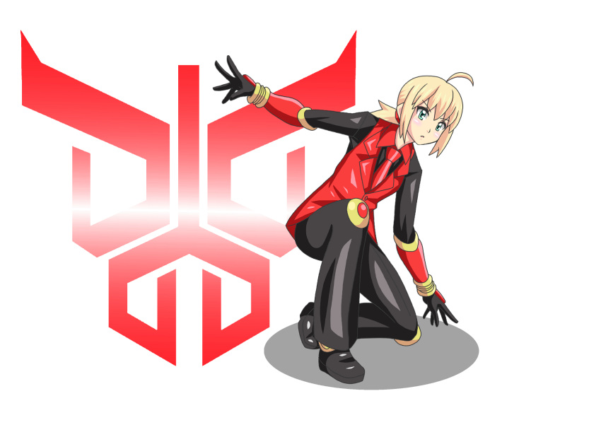 1girl artoria_pendragon_(all) black_gloves black_pants blonde_hair buti-yu dress eyebrows_visible_through_hair fate/stay_night fate_(series) gloves green_eyes highres kamen_rider kamen_rider_kuuga kamen_rider_kuuga_(series) long_sleeves pants red_dress rider-tan saber solo tagme