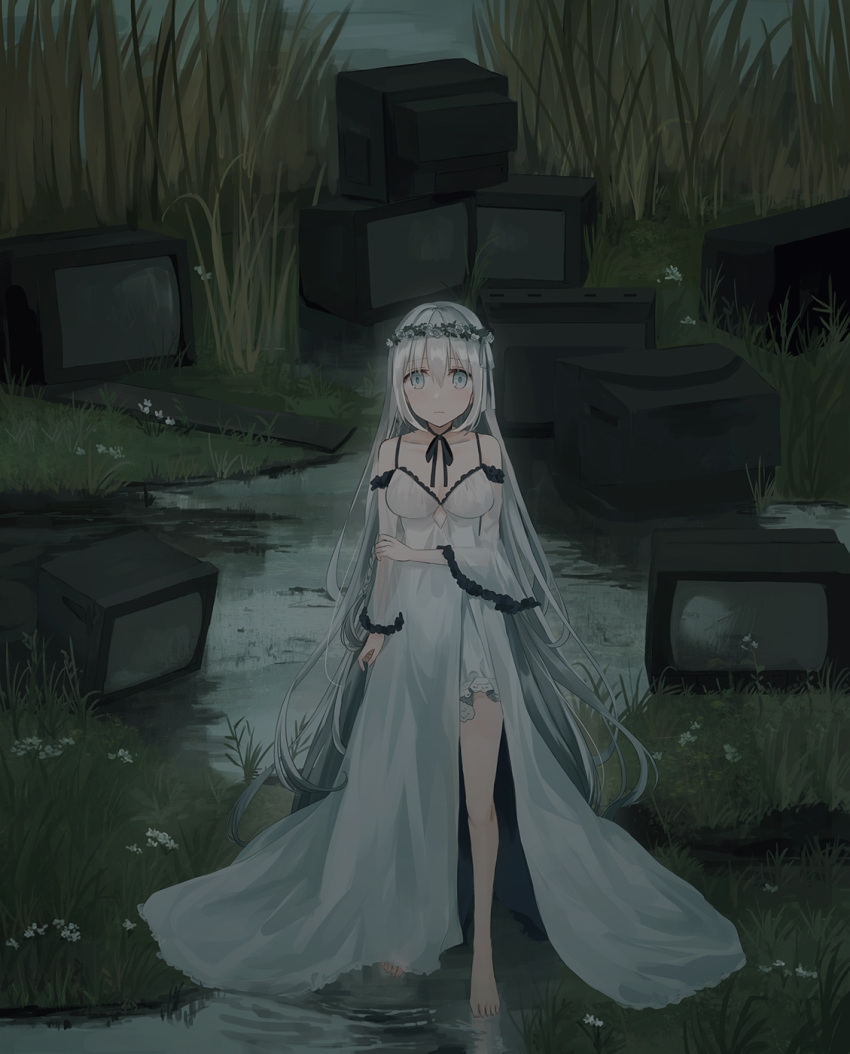 1girl bangs bare_shoulders barefoot blue_eyes breasts chihuri closed_mouth commentary_request detached_sleeves dress eyebrows_visible_through_hair flower grass hair_between_eyes highres long_hair long_sleeves looking_at_viewer medium_breasts night original outdoors silver_hair sleeveless sleeveless_dress solo standing swamp television very_long_hair water white_dress white_flower wide_sleeves