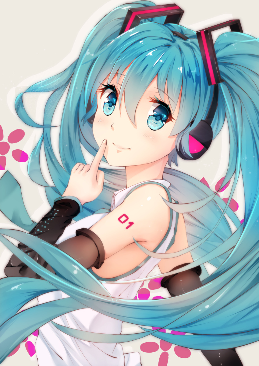 1girl absurdres bangs bare_shoulders blue_eyes blue_hair blush closed_mouth collared_shirt commentary_request detached_sleeves dragon_xiuluo eyebrows_visible_through_hair finger_to_mouth fingernails hair_between_eyes hatsune_miku head_tilt headphones highres long_hair long_sleeves looking_at_viewer looking_back shirt sleeveless sleeveless_shirt smile solo twintails very_long_hair vocaloid white_shirt