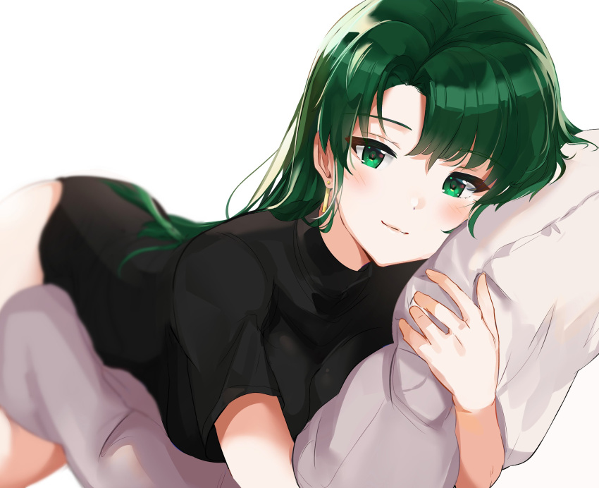 1girl absurdres bed blush breasts dress fire_emblem fire_emblem:_rekka_no_ken fire_emblem_heroes green_eyes green_hair highres large_breasts long_hair looking_at_viewer lyndis_(fire_emblem) nintendo ormille pillow simple_background smile solo very_long_hair