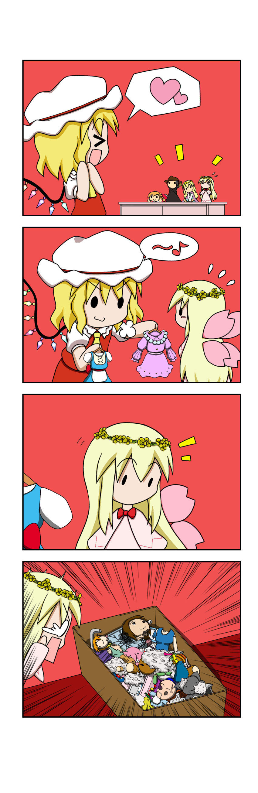 &gt;_&lt; /\/\/\ 4koma :d absurdres blonde_hair blush_stickers box broken comic cravat fairy_wings flandre_scarlet flying_sweatdrops hat heart highres lily_white mob_cap musical_note no_mouth no_nose open_mouth rakugaki-biyori rapeseed_blossoms red_neckwear smile solid_oval_eyes spoken_heart spoken_musical_note square_mouth stuffed_animal stuffed_toy stuffing touhou toy wings xd