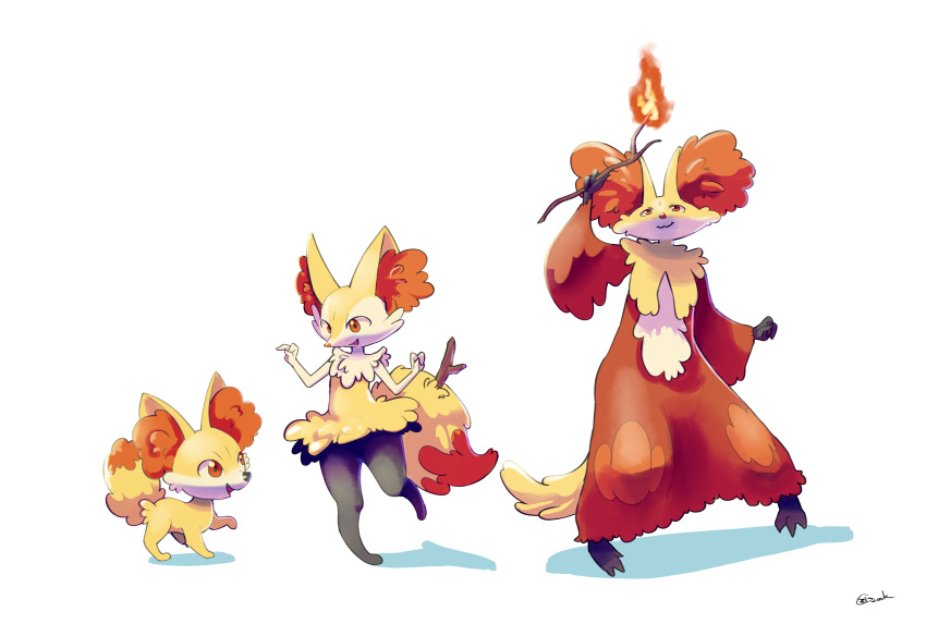 1girl 1other :3 absurdres animal_ear_fluff animal_ears animal_nose arm_up artist_name black_fur body_fur braixen closed_mouth commentary_request delphox eye_contact fennekin fire flat_chest fox_ears fox_girl fox_tail from_side full_body fur_collar furry furry_female hands_up happy highres holding holding_stick leg_up legs_apart looking_at_another looking_down looking_up open_mouth pokemon pokemon_(creature) pyrokinesis red_eyes red_fur signature simple_background smile snout solo standing standing_on_one_leg stick tail white_background white_fur yellow_fur zigrock