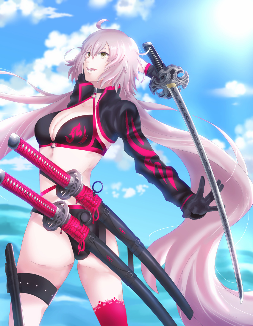 1girl absurdres ahoge ass bikini black_bikini black_choker black_jacket choker clouds cloudy_sky commentary_request cropped_jacket fate/grand_order fate_(series) hair_between_eyes highres jacket jeanne_d'arc_(alter_swimsuit_berserker) jeanne_d'arc_(fate)_(all) katana o-ring o-ring_bikini o-ring_bottom o-ring_top ocean open_mouth red_legwear round_teeth ryooto sheath silver_hair single_thighhigh sky smile solo sun swimsuit sword teeth thigh-highs thigh_strap waist weapon yellow_eyes