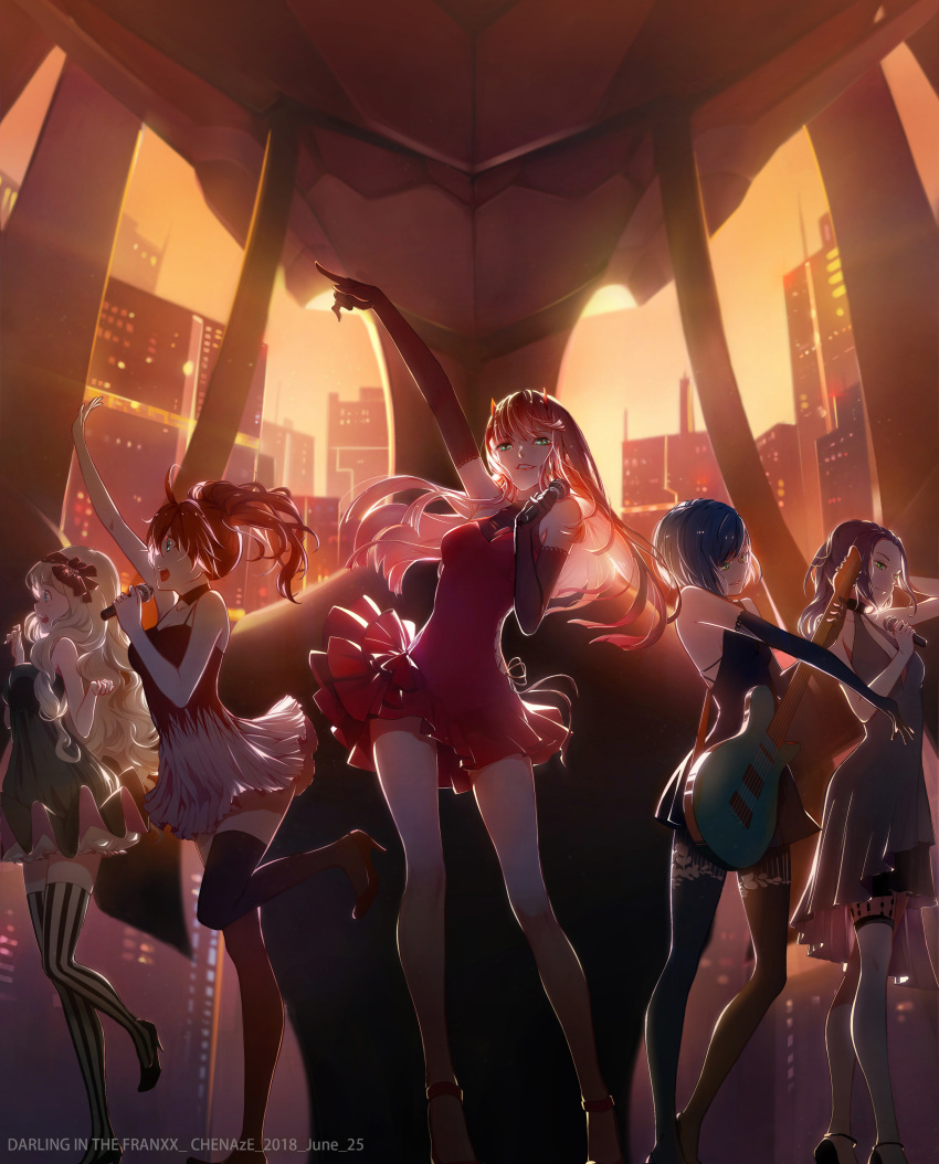 5girls absurdres arm_up bare_shoulders blonde_hair blue_hair chenaze57 chinese_commentary cityscape commentary_request darling_in_the_franxx dress elbow_gloves gloves green_eyes guitar highres horns ichigo_(darling_in_the_franxx) ikuno_(darling_in_the_franxx) instrument kokoro_(darling_in_the_franxx) long_hair microphone miku_(darling_in_the_franxx) multiple_girls pink_hair pointing purple_hair redhead short_hair skyline smile stage thigh-highs zero_two_(darling_in_the_franxx) zettai_ryouiki