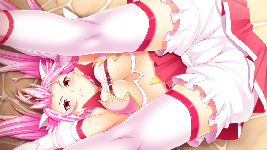 1girl bloomers breasts cleavage closed_mouth dodai_shouji elbow_gloves folded game_cg glaring gloves heat-soft kneepits long_hair looking_at_viewer lying magical_girl mahou_shoujo_wo_mucha_kucha_taoshitai on_back pink_hair red_eyes red_skirt skirt solo sweat thigh-highs toudou_ichigo twintails under_boob underwear white_bloomers white_gloves white_legwear