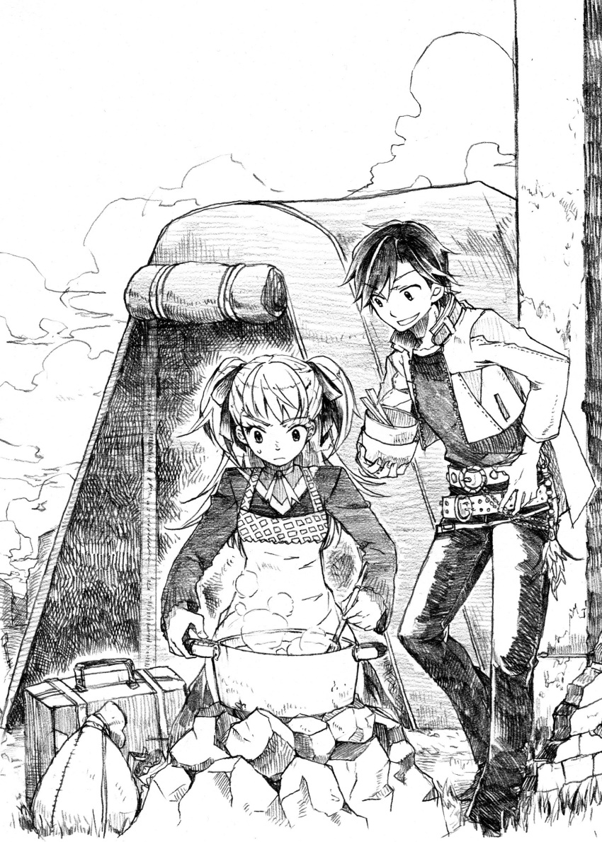 1boy 1girl ;d absurdres ahoge apron arnaud_g_vasquez bag belt choker closed_mouth coat commentary_request denim dress greyscale hair_ribbon highres jacket long_hair monochrome one_eye_closed open_mouth pants pot raquel_applegate ribbon short_hair smile twintails two_side_up vest wild_arms wild_arms_4