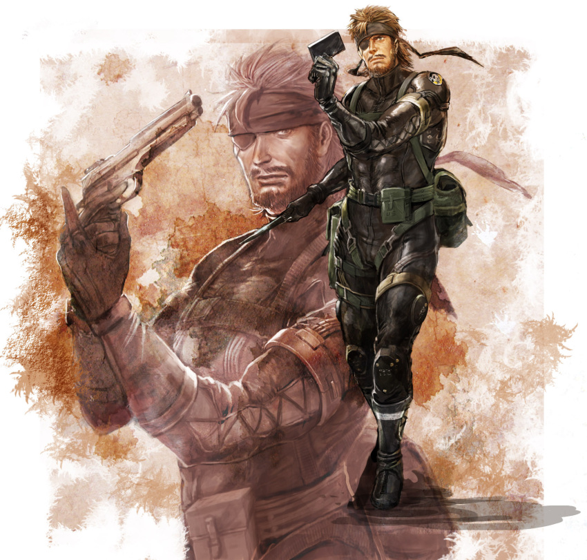 1boy abs beard belt belt_pouch black_footwear black_gloves black_headband black_legwear bodysuit brown_hair eyepatch facial_hair gloves gun headband highres knee_pads knife looking_at_viewer male_focus metal_gear_(series) metal_gear_solid multiple_views mustache pouch solid_snake standing tokiemon_gogogo weapon