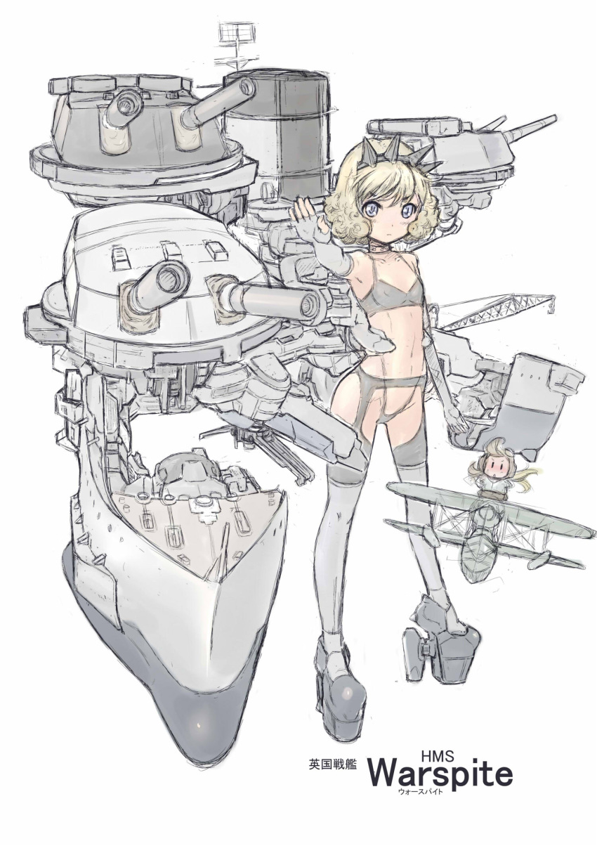 bangs bare_shoulders blonde_hair bra character_name character_request chibi commentary_request curly_hair full_body highres juubaori_mashumaro kantai_collection looking_at_viewer original outstretched_arm pale_color panties rigging short_hair simple_background sketch underwear underwear_only white_background