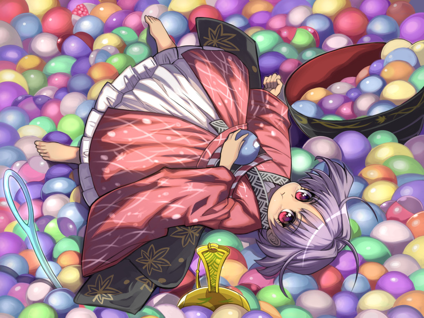 1girl :t ahoge bangs barefoot black_sash blush bowl candy chewing_gum commentary_request eating eyebrows_visible_through_hair food fruit full_body gumball hair_intakes highres holding holding_food japanese_clothes kimono long_sleeves looking_at_viewer lying minigirl miracle_mallet needle no_hat no_headwear obi on_back petticoat purple_hair raspberry red_eyes red_kimono sash shope short_hair solo sukuna_shinmyoumaru touhou wide_sleeves