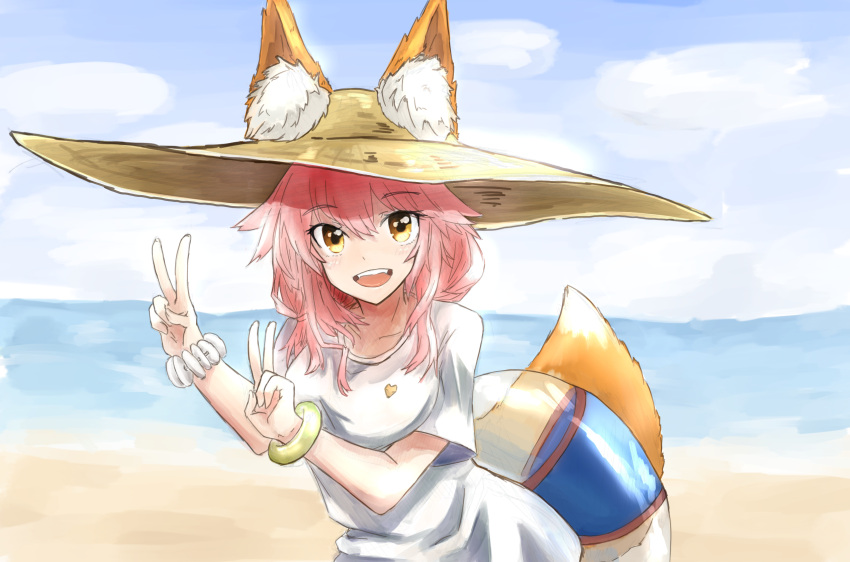 1girl animal_ear_fluff animal_ears bracelet breasts collarbone day double_v ears_through_headwear fate/grand_order fate_(series) fox_ears fox_tail hat highres innertube jewelry large_breasts ocean open_mouth outdoors pink_hair riku_hamano shirt straw_hat tail tamamo_(fate)_(all) tamamo_no_mae_(swimsuit_lancer)_(fate) v white_shirt yellow_eyes