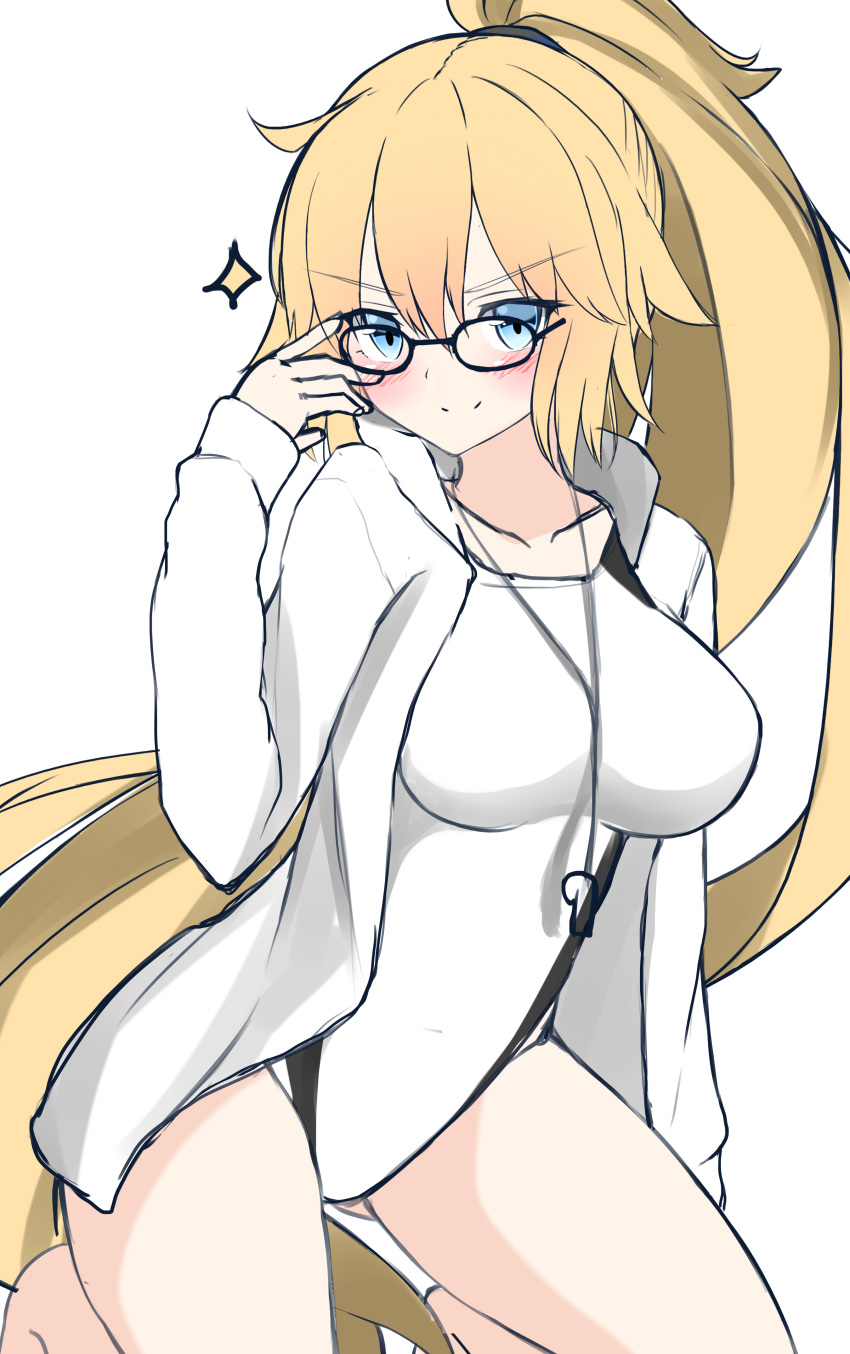 &gt;:) 1girl absurdres arm_up bangs bare_legs barefoot black-framed_eyewear blonde_hair blue_eyes blush closed_mouth competition_swimsuit eyebrows_visible_through_hair fate/grand_order fate_(series) glasses hair_between_eyes high_ponytail highres hood hood_down hooded_jacket jacket jeanne_d'arc_(fate)_(all) jeanne_d'arc_(swimsuit_archer) kneeling long_hair moyoron one-piece_swimsuit open_clothes open_jacket ponytail simple_background sketch sleeves_past_wrists smile solo sparkle swimsuit v-shaped_eyebrows very_long_hair whistle whistle_around_neck white_background white_jacket white_swimsuit