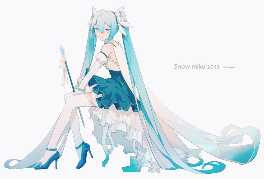 1girl 2019 absurdly_long_hair artist_name cape character_name detached_sleeves dress from_side full_body hair_between_eyes hatsune_miku high_heels lirseven long_hair no_headwear scepter simple_background sitting skirt solo thigh-highs twintails very_long_hair vocaloid white_background yuki_miku
