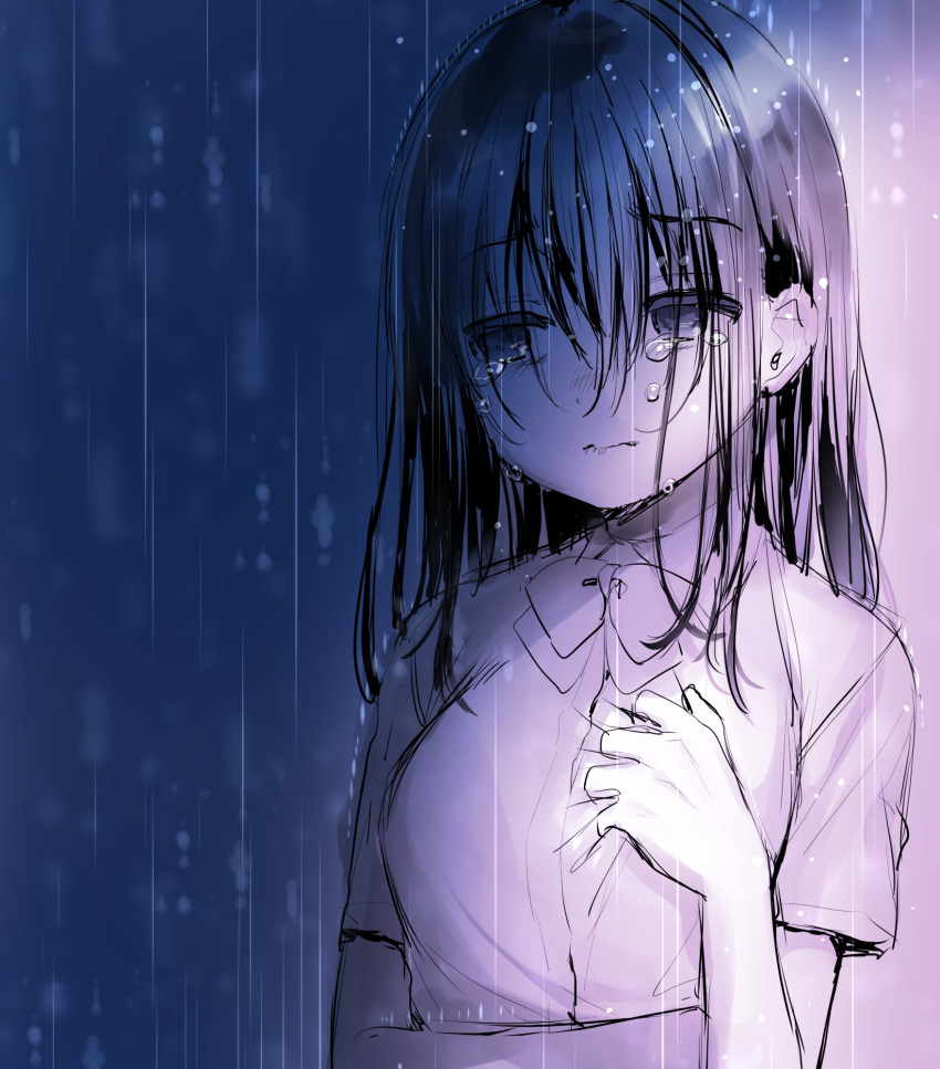 1girl arm_under_breasts bangs bow bowtie breast_hold breasts closed_mouth collared_shirt commentary_request crying crying_with_eyes_open eyebrows_visible_through_hair hair_between_eyes hand_up head_tilt highres long_hair looking_away looking_to_the_side medium_breasts original rain shirt shirt_grab short_sleeves solo tears usashiro_mani wavy_mouth