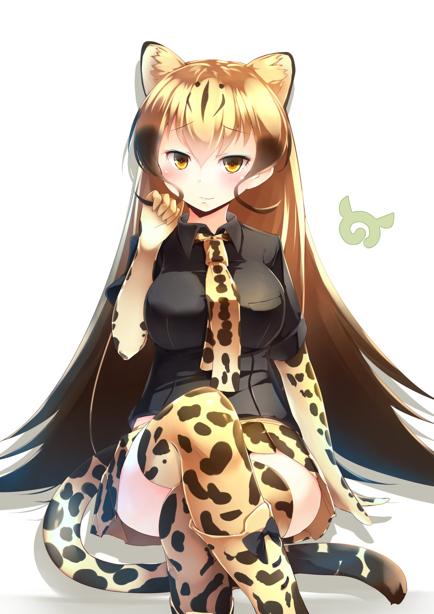 1girl absurdres black_bow black_shirt blonde_hair boots bow bow_footwear breasts brown_hair cheetah_ears cheetah_print cheetah_tail collared_shirt commentary elbow_gloves extra_ears gloves gradient_hair hand_up highres japari_symbol kanzakietc kemono_friends king_cheetah_(kemono_friends) knee_boots legs_crossed long_hair looking_at_viewer medium_breasts multicolored_hair necktie orange_eyes print_footwear print_gloves print_legwear print_neckwear shirt short_sleeves simple_background sitting smile solo thigh-highs very_long_hair white_background