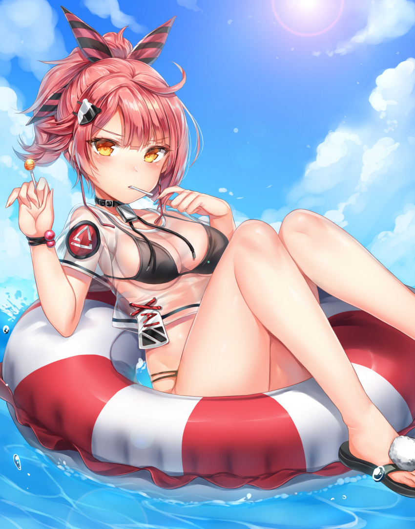 1girl absurdres alternate_costume ankle_strap bangs bikini black_bikini blush bracelet breasts candy choker cleavage collar crop_top crop_top_overhang day earphones eyebrows_visible_through_hair feet_out_of_frame food girls_frontline groin hair_ornament hair_ribbon hairclip head_tilt highres holding holding_food innertube jewelry lollipop looking_at_viewer mouth_hold mp7_(girls_frontline) outdoors painteen ponytail redhead ribbon sandals see-through sidelocks sitting skindentation solo stomach strap swimsuit transparent tsurime v-shaped_eyebrows water water_drop yellow_eyes