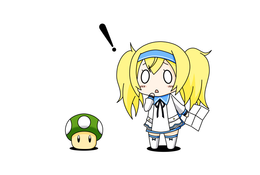 0_0 1girl 1up absurdres blonde_hair blue_eyes blue_hairband commentary_request crossover dress gambier_bay_(kantai_collection) hairband highres kantai_collection kinoko_(benitengudake) map_(object) super_mario_bros. mushroom nintendo sailor_dress simple_background solo super_mario_bros. thigh-highs twintails white_background white_legwear