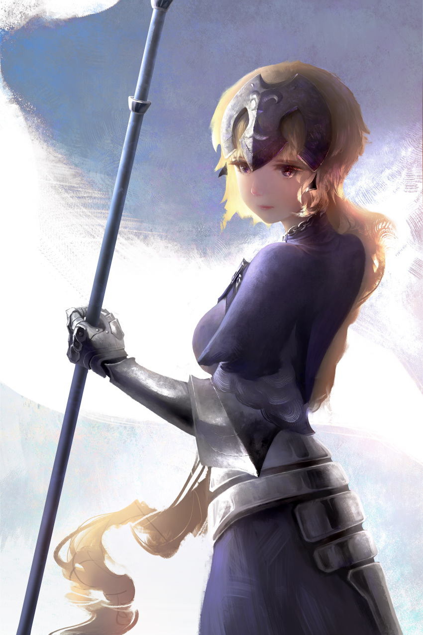 1girl absurdres armor armored_dress blonde_hair danny_(china) fate_(series) headpiece highres jeanne_d'arc_(fate) jeanne_d'arc_(fate)_(all) long_hair painterly polearm solo violet_eyes weapon
