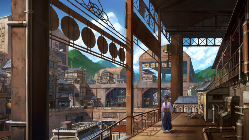 2boys black_hair brown_hair clouds day highres ladder long_hair looking_at_another multiple_boys original outdoors ponytail railing scenery shamogin short_hair sitting stairs standing steampunk translation_request wallpaper