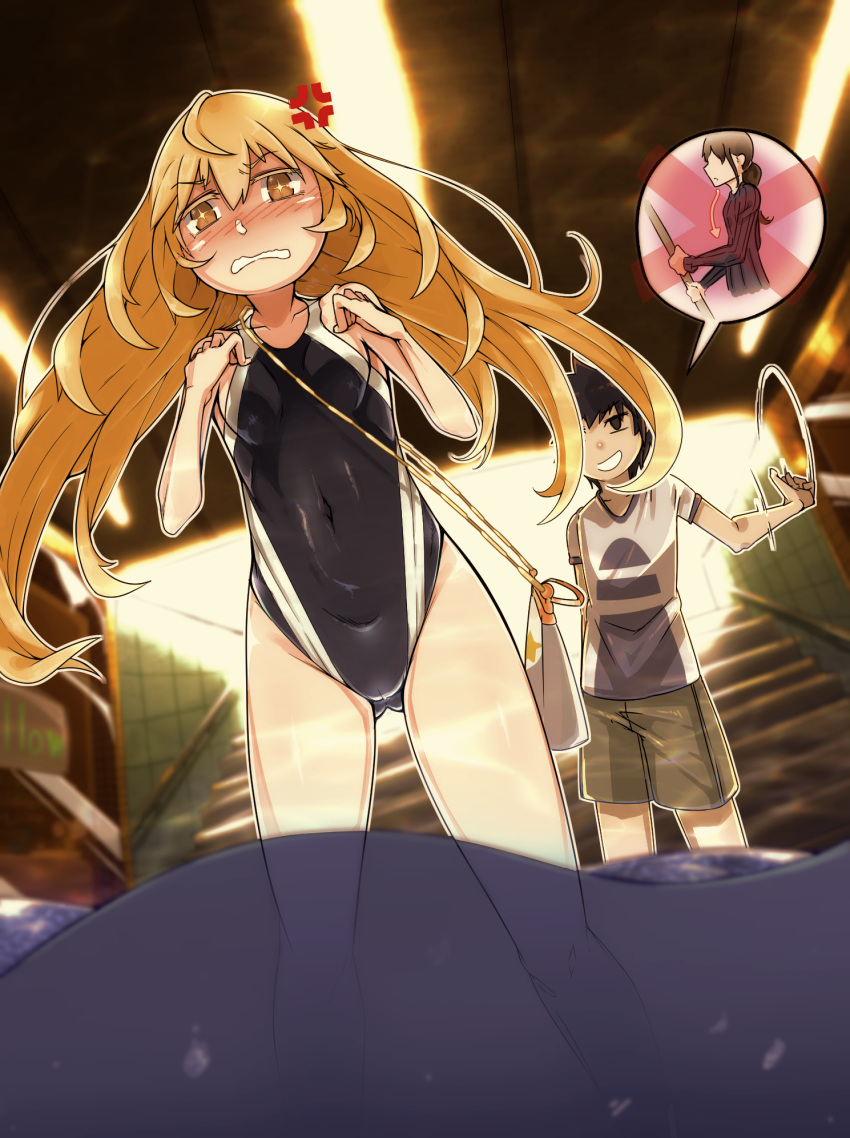 +_+ 1boy 1girl ahoge anger_vein ass_visible_through_thighs bag blonde_hair blush breasts commentary competition_swimsuit covered_navel eyebrows_visible_through_hair hair_between_eyes handbag highres irokohaku kamijou_touma long_hair nose_blush one-piece_swimsuit shokuhou_misaki small_breasts stairs subway_station swimsuit to_aru_majutsu_no_index to_aru_majutsu_no_index:_new_testament wading water wavy_mouth yellow_eyes
