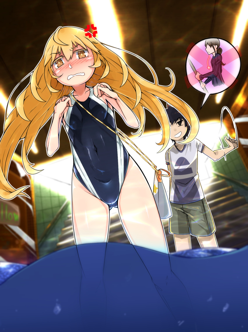 +_+ 1boy 1girl ahoge anger_vein ass_visible_through_thighs bag blonde_hair blush breasts commentary competition_swimsuit covered_navel eyebrows_visible_through_hair hair_between_eyes handbag highres irokohaku kamijou_touma long_hair nose_blush one-piece_swimsuit shokuhou_misaki small_breasts stairs subway_station swimsuit to_aru_majutsu_no_index to_aru_majutsu_no_index:_new_testament wading water wavy_mouth yellow_eyes younger