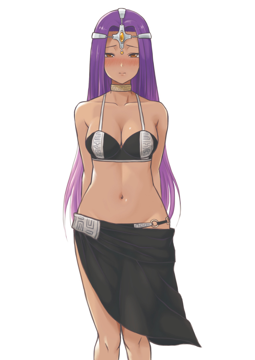 1girl absurdres arms_behind_back bikini black_bikini black_sarong blush breasts brown_eyes cleavage collarbone commentary_request dark_skin dragon_quest dragon_quest_iv headgear highres long_hair looking_at_viewer medium_breasts midriff minea miru_(wvjc7832) navel purple_hair sarong solo swimsuit very_long_hair white_background