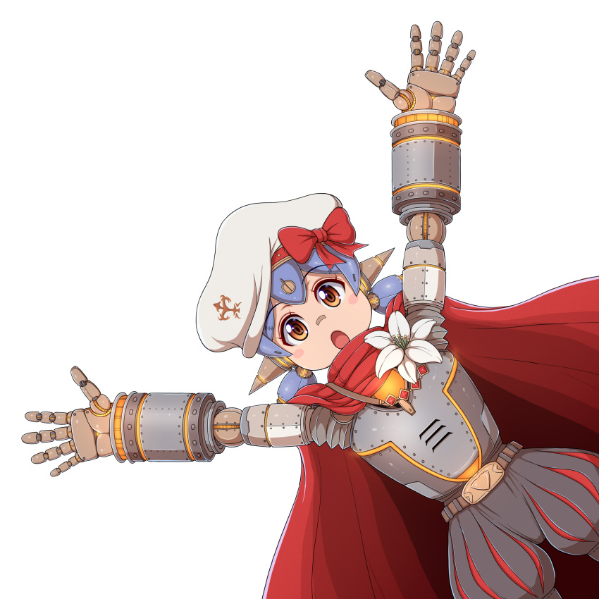 1girl :o absurdres android arms_up beret bow cape eyebrows_visible_through_hair flower hana_(xenoblade) hat hat_bow highres lily_(flower) looking_at_viewer nintendo open_mouth orange_eyes ponpo purple_hair red_bow red_cape robot_joints short_hair short_twintails solo twintails white_flower white_hat xenoblade_(series) xenoblade_2