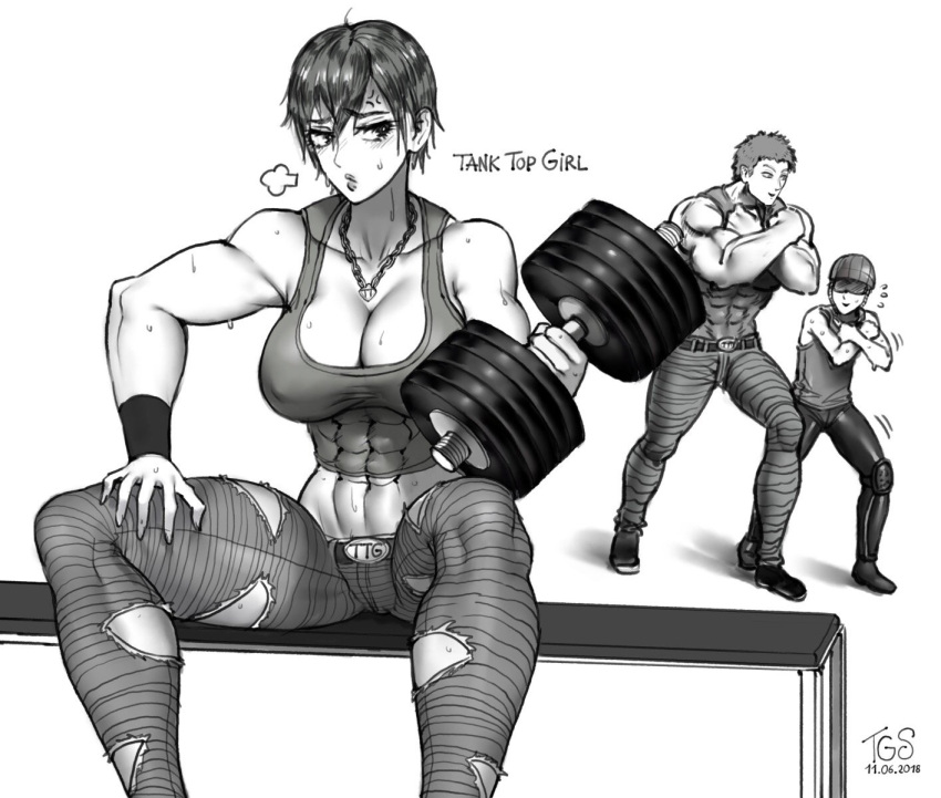 1girl 2boys abs anger_vein belt_buckle blush breasts buckle chain_necklace character_name cleavage crop_top crossed_arms denim dumbbell exercise greyscale helmet highres jeans jewelry large_breasts midriff monochrome multiple_boys mumen_rider muscle muscular_female navel one-punch_man pants pendant short_hair sitting solo_focus sweat tank_top tanktop_girl tanktop_master the_golden_smurf thick_thighs thighs torn_clothes torn_jeans torn_pants