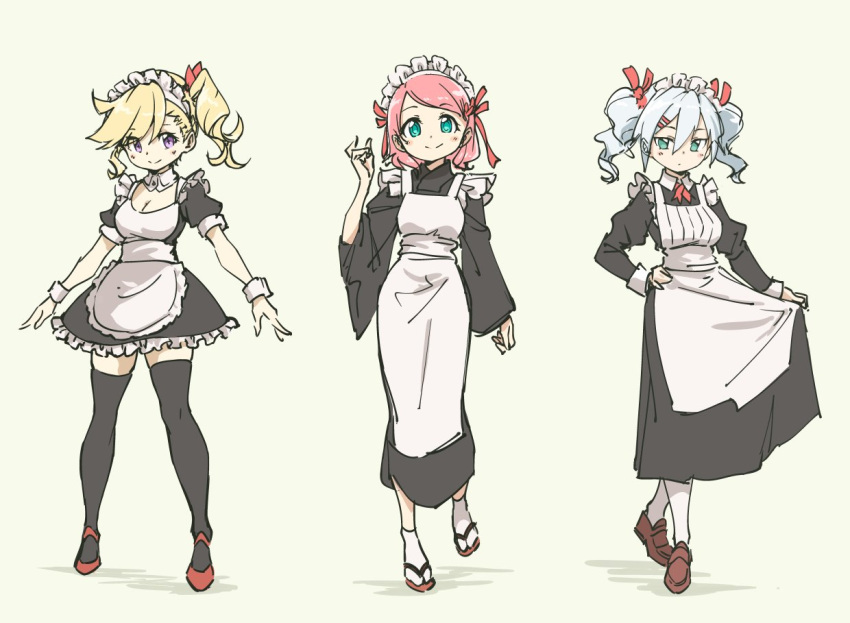 3girls apron black_dress black_kimono black_legwear blonde_hair breasts brown_footwear cleavage closed_mouth commentary dress drill_hair english_commentary eyebrows_visible_through_hair green_eyes grey_hair hair_ribbon hand_on_hip hand_up japanese_clothes jitome juliet_sleeves kimono loafers long_sleeves maid_headdress medium_breasts multiple_girls one_side_up original pantyhose pas_(paxiti) pink_hair puffy_sleeves red_footwear red_ribbon ribbon sandals shoes short_sleeves skirt_hold smile standing standing_on_one_leg tabi thigh-highs twintails violet_eyes wa_maid waist_apron white_apron white_legwear wide_sleeves wrist_cuffs zettai_ryouiki