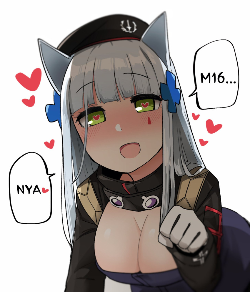 1girl animal_ears beret blush breasts cat_ears cleavage drunk girls_frontline gloves green_eyes hat heart heart-shaped_pupils highres hk416_(girls_frontline) junsuina_fujunbutsu nyan paw_pose solo symbol-shaped_pupils white_hair