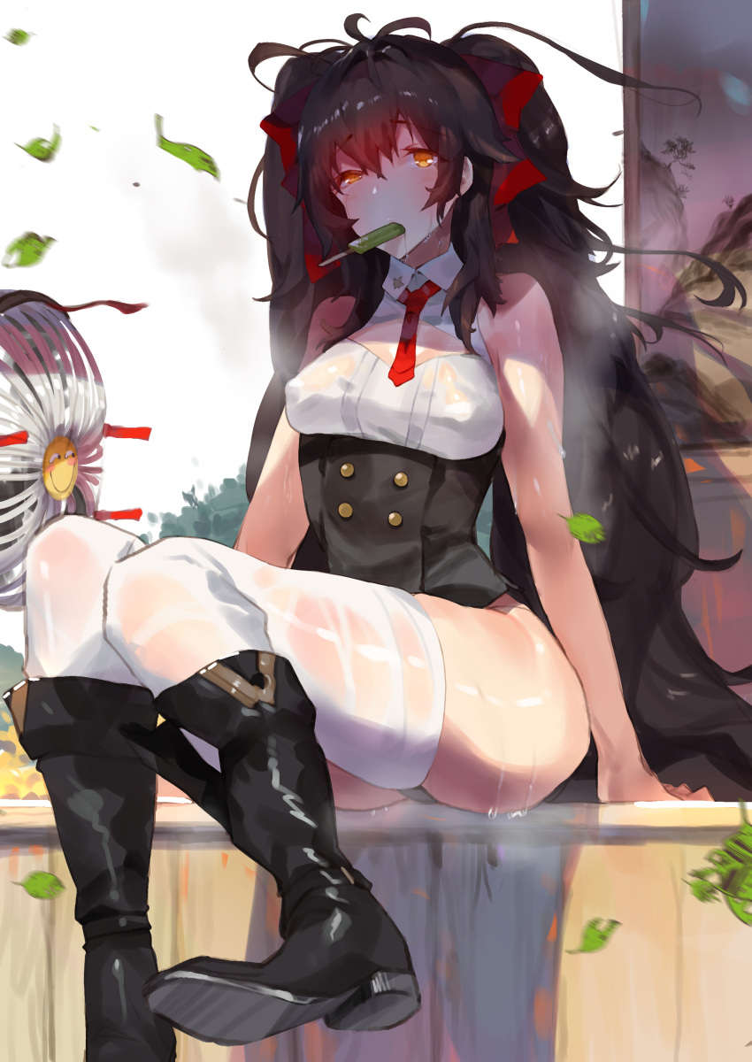 1girl absurdres bangs bare_shoulders black_footwear black_hair blush boots breasts brown_eyes brown_hair cleavage_cutout corset covered_nipples double-breasted electric_fan eyebrows_visible_through_hair floating_hair girls_frontline gloves hair_between_eyes hair_ribbon highres knee_boots long_hair looking_at_viewer necktie qbz-97_(girls_frontline) ribbon see-through shirt sidelocks sitting sleeveless sleeveless_shirt solo sweat thigh-highs thighs twintails underwear very_long_hair wet wet_clothes white_legwear wind wind_lift yueqin_(monnpiano)