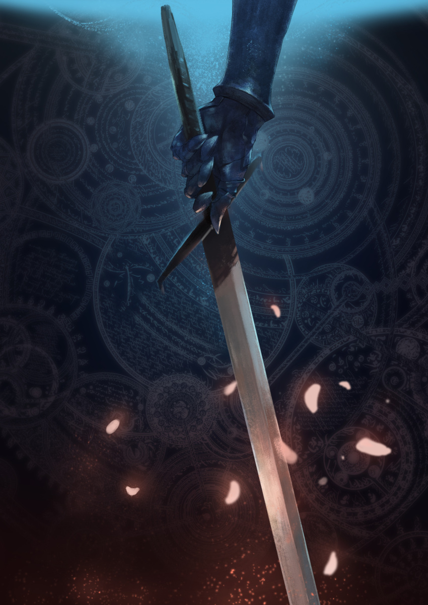 1other absurdres ambiguous_gender azomo commentary english_commentary gauntlets highres holding holding_sword holding_weapon petals pixiv_fantasia pixiv_fantasia_t solo sword weapon