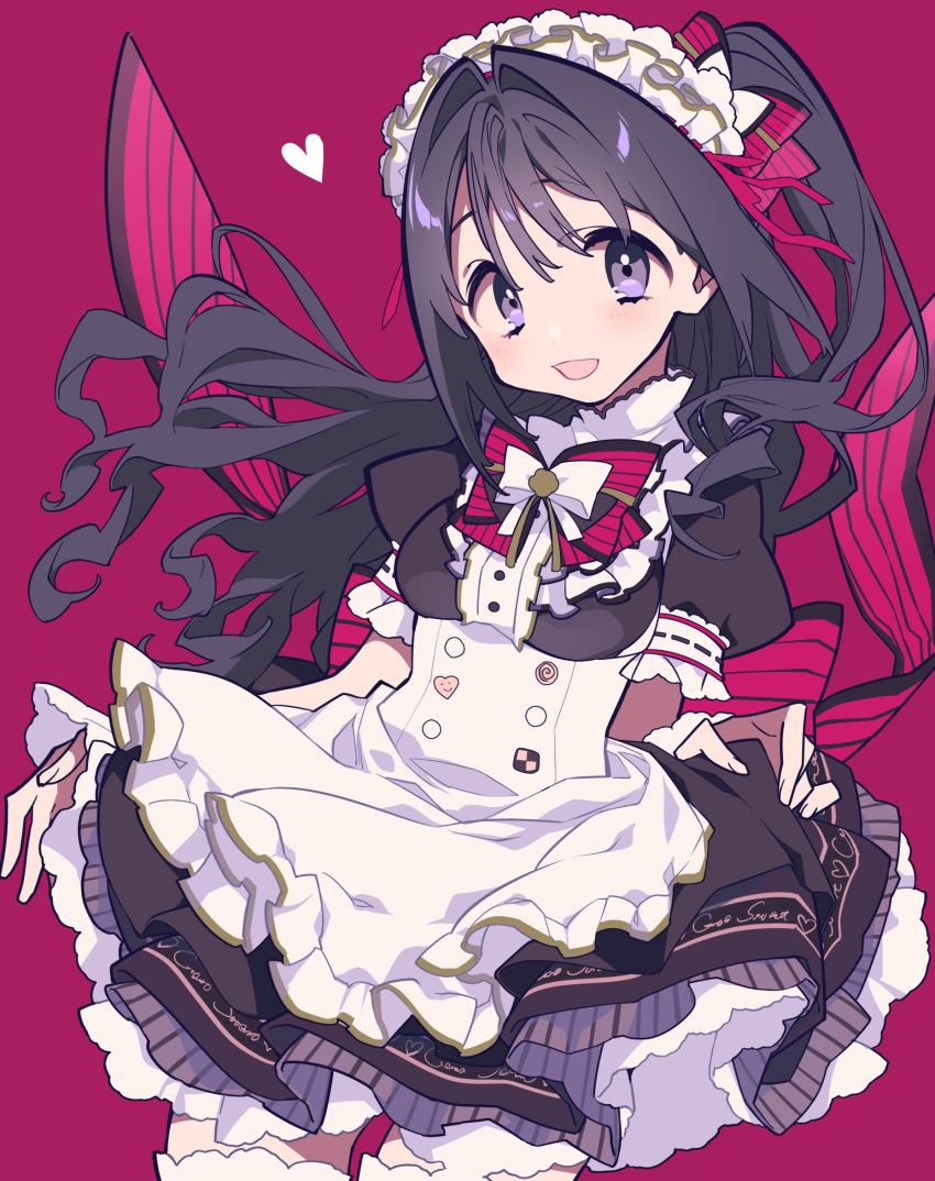 1girl :d alternate_costume apron black_hair blush bow bowtie commentary_request cowboy_shot enmaided floating_hair frilled_hairband frills hair_intakes hair_ribbon hairband heart highres idolmaster idolmaster_cinderella_girls long_hair looking_at_viewer maid maid_apron maid_headdress mochizuki_kei one_side_up open_mouth pink_background pink_neckwear pink_ribbon puffy_short_sleeves puffy_sleeves ribbon shimamura_uzuki short_sleeves simple_background smile solo standing thigh-highs violet_eyes white_apron white_legwear