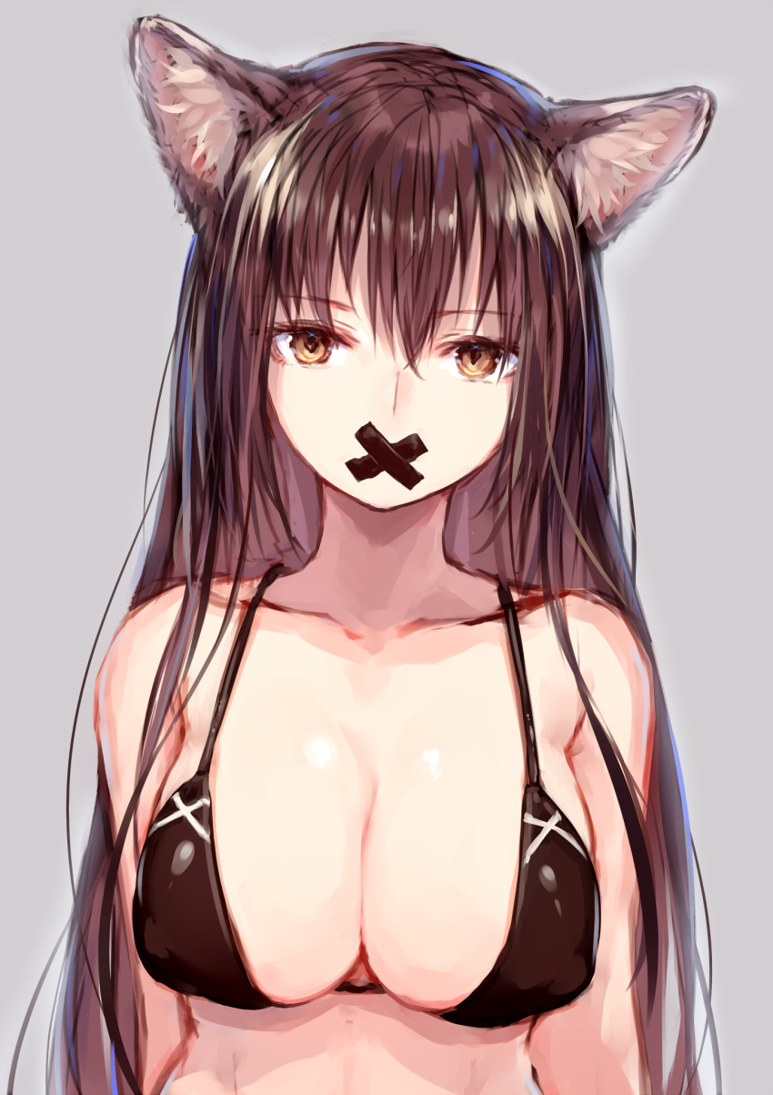 1girl animal_ears bangs bare_shoulders bikini black_bikini_top blush breasts brown_eyes brown_hair cleavage collarbone commentary_request eyebrows_visible_through_hair fox_ears gag hair_between_eyes highres improvised_gag large_breasts long_hair looking_at_viewer original simple_background sketch solo sukemyon swimsuit tape tape_gag upper_body