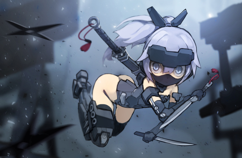 1girl absurdres arched_back ass bare_shoulders blue_eyes blue_hair blurry busou_shinki covered_mouth depth_of_field detached_collar dual_wielding elbow_gloves face_mask flat_chest full_body gauntlets gloves greaves hair_between_eyes headgear highres holding jinrai_(frame_arms_girl) katana kunai leotard long_hair looking_at_viewer mask ninja ponytail rtari shuriken solo sword tassel thigh-highs thong thong_leotard wakizashi weapon weapon_on_back