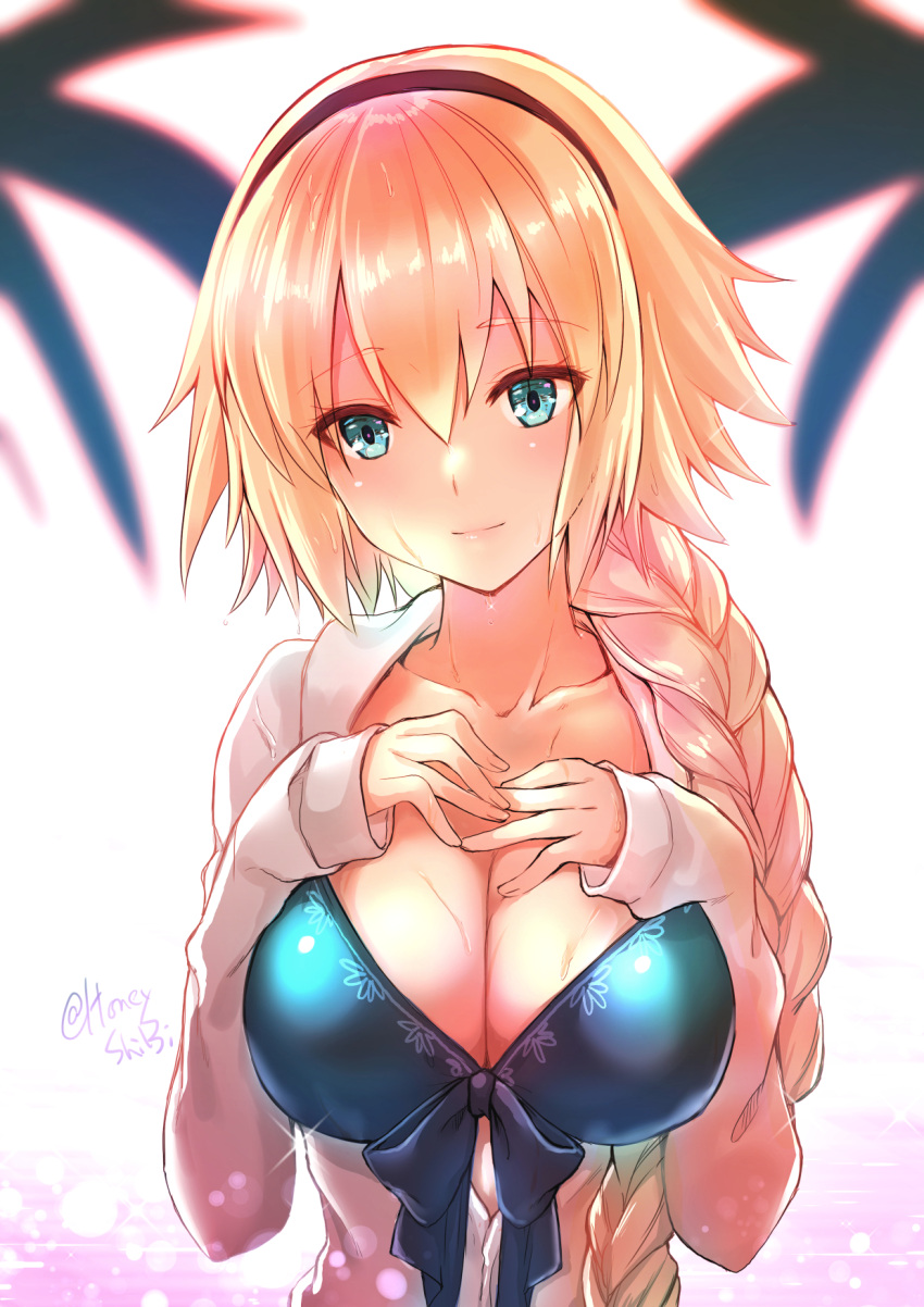 1girl bangs bikini black_hairband blue_bikini blue_eyes blue_jacket braid breasts collarbone commentary_request eyebrows_visible_through_hair facing_viewer fate/grand_order fate_(series) front-tie_bikini front-tie_top hair_between_eyes hairband hands_on_own_face highres hood hooded_jacket hoodie jacket jeanne_d'arc_(fate)_(all) jeanne_d'arc_(swimsuit_archer) large_breasts long_braid long_hair looking_at_viewer open_clothes open_hoodie open_jacket ponytail shibi single_braid smile swimsuit very_long_hair water water_drop wet