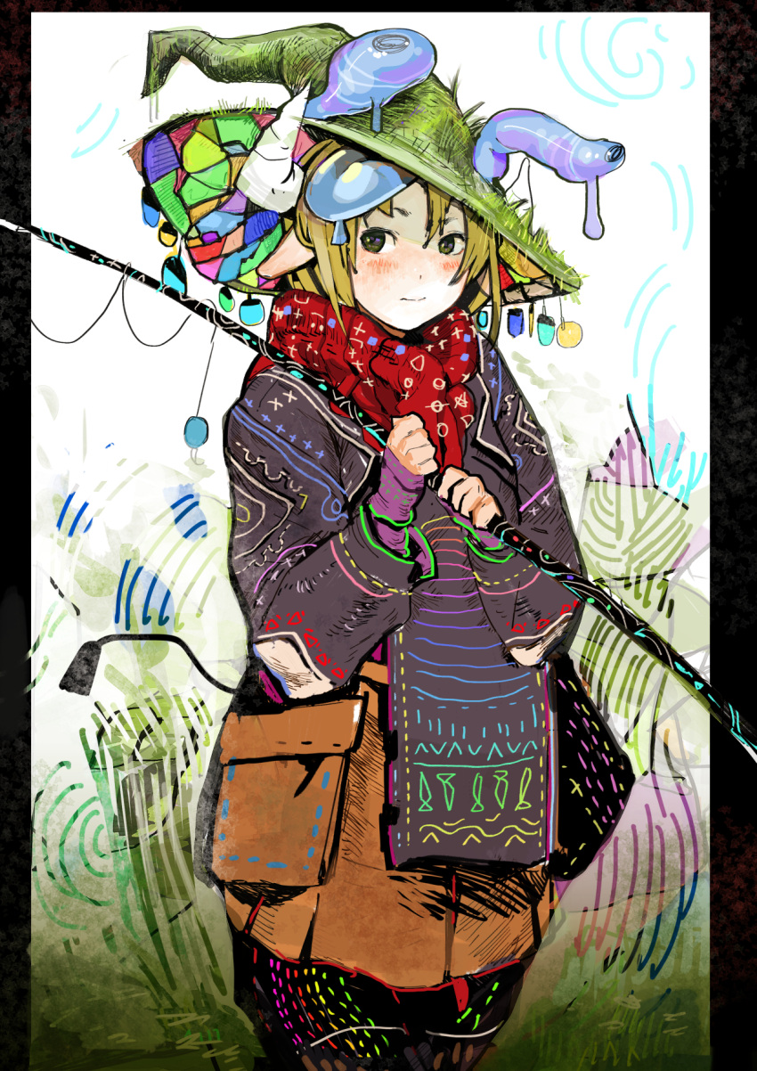 1girl animal_ears black_border blonde_hair blush boots border brown_eyes closed_mouth colorful commentary_request cow_ears cow_horns cow_tail cowboy_shot green_hat hat highres hiranko holding horns long_sleeves looking_at_viewer original red_scarf scarf smile solo tail witch_hat